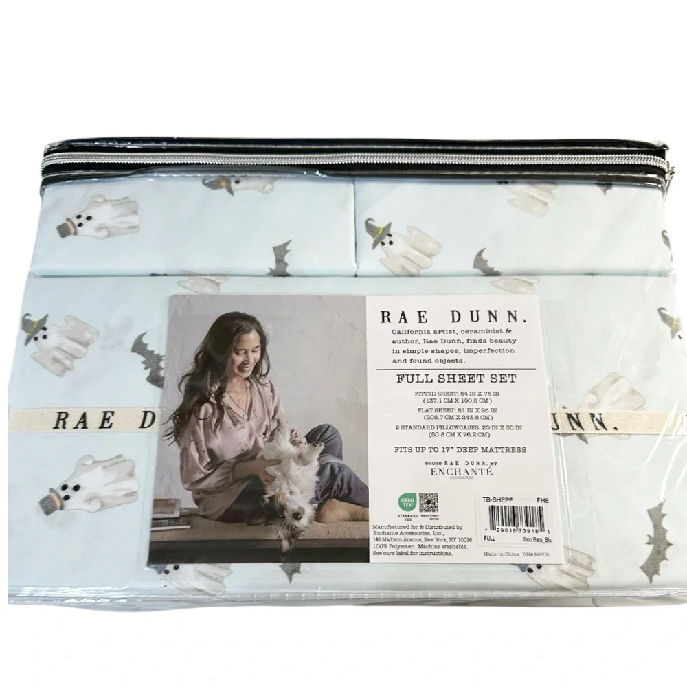 NEW Rae Dunn HALLOWEEN BOO & BATS Blue Full Sheet Set